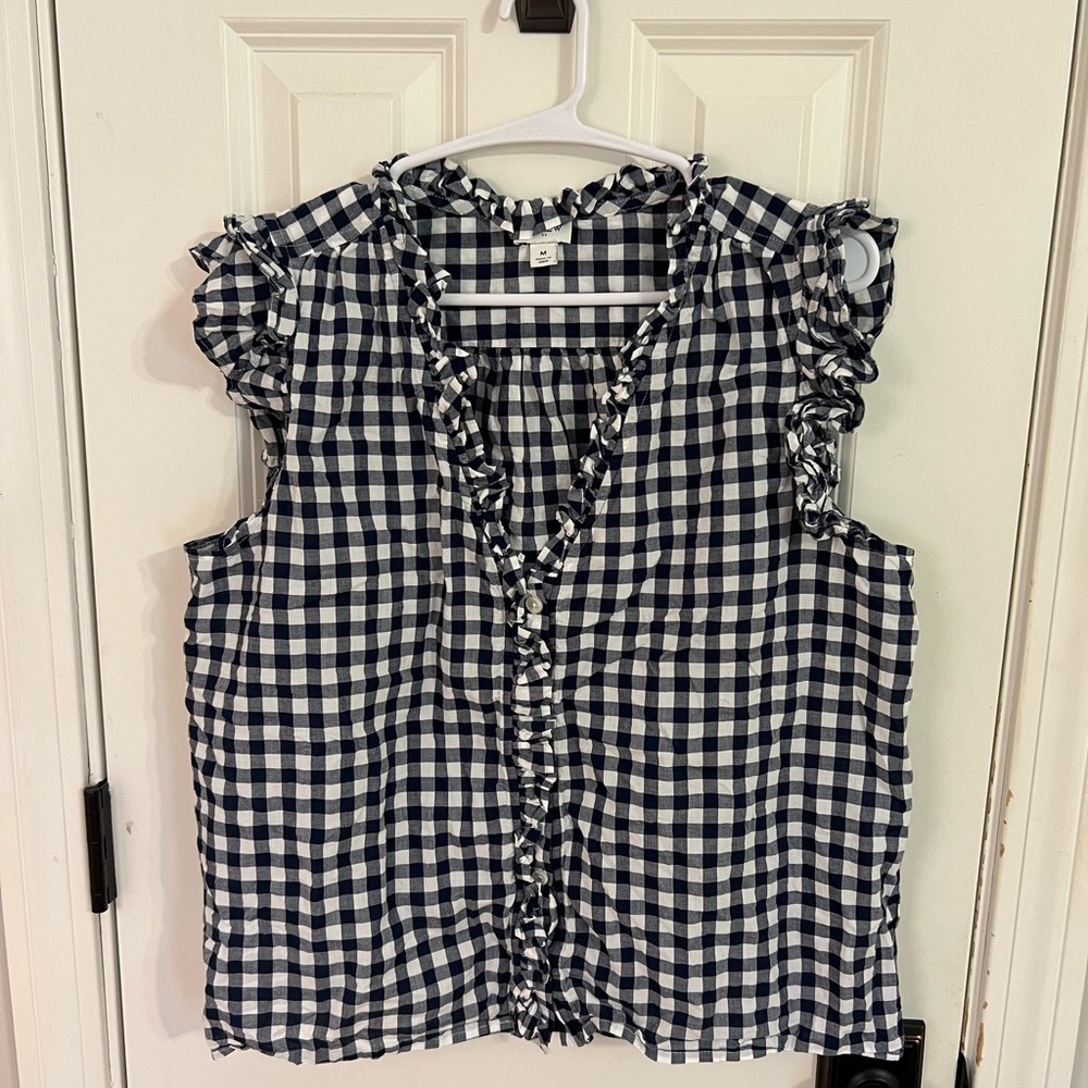 J. Crew Navy Gingham Ruffle Blouse